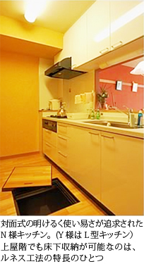 対面式の明けるく使い易さが追求されたN様キッチン。（Y様はL型キッチン）上屋階でも床下収納が可能なのは、ルネス工法の特長のひとつ